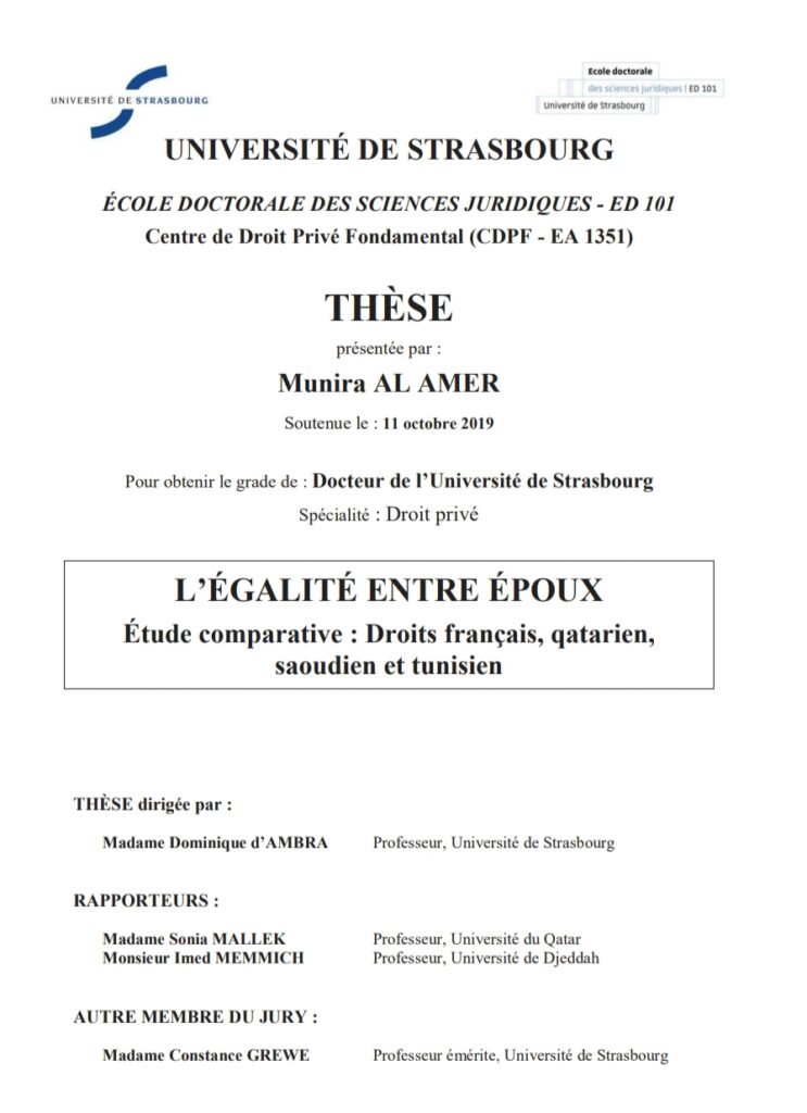 L’ÉGALITÉ ENTRE ÉPOUX Étude comparative
